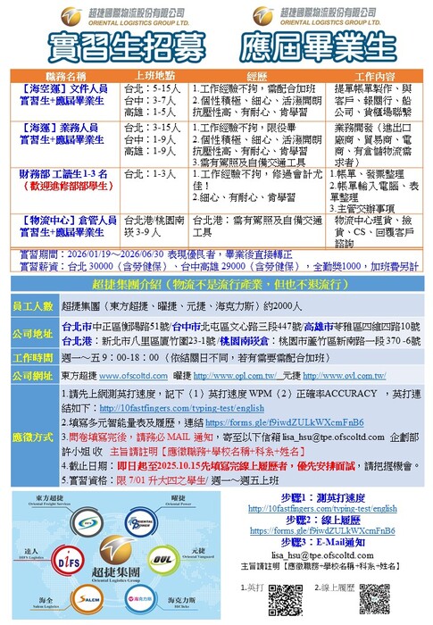 【實習資訊】超捷集團_東方超捷國際物流股份有限公司 招募 海空運文件人員等多個職缺(招募截止日2025/10/15)圖片
