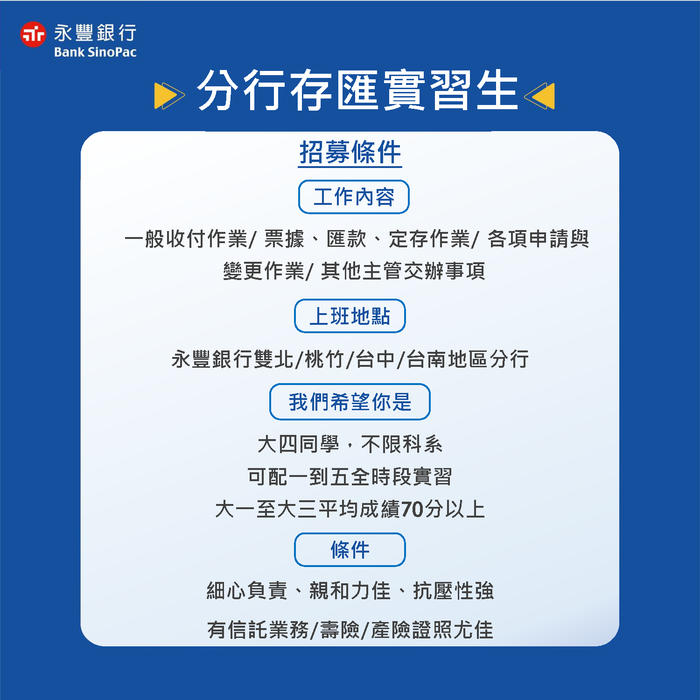 【實習資訊】永豐商業銀行股份有限公司公告「第29屆卓越人才實習招募計畫 SinoPac Internship Program+」(招募截止日2025/10/15)圖片