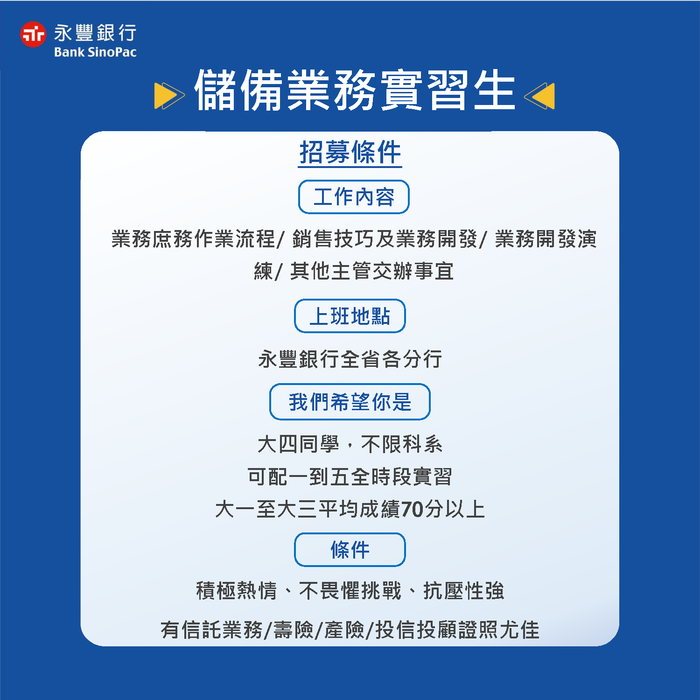 【實習資訊】永豐商業銀行股份有限公司公告「第29屆卓越人才實習招募計畫 SinoPac Internship Program+」(招募截止日2025/10/15)圖片